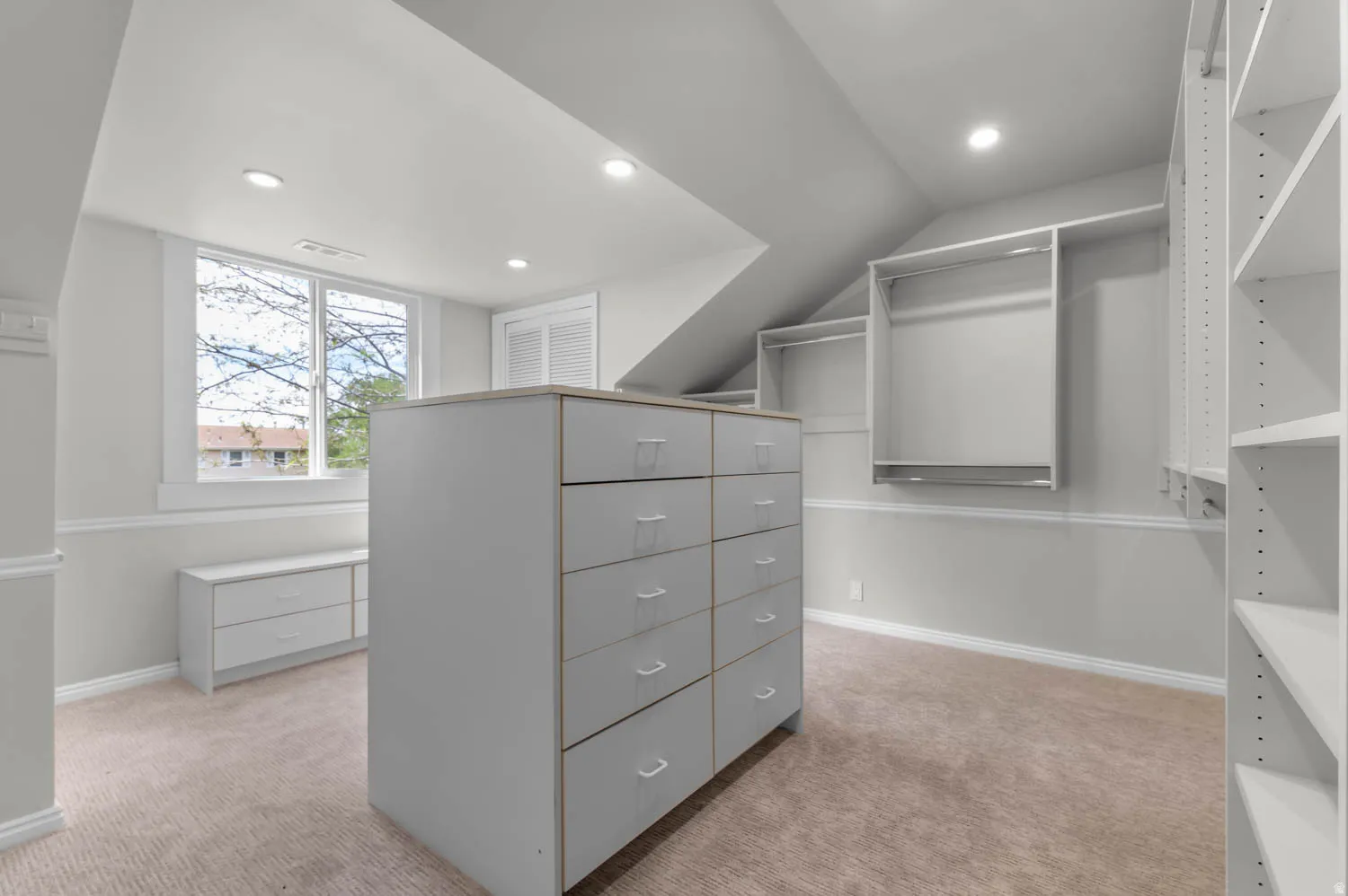 Walk in closet with light colored carpet