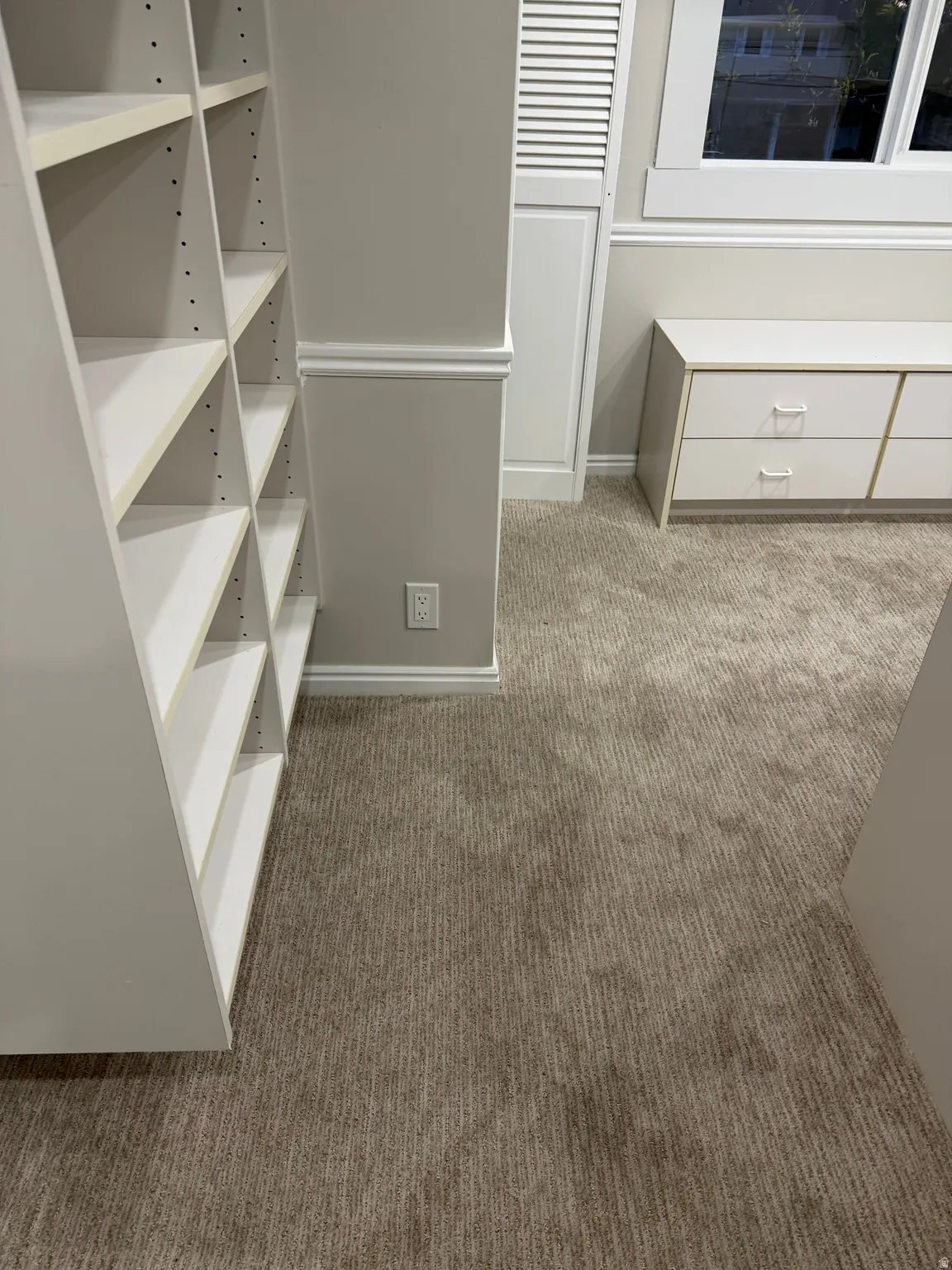 Walk in closet featuring dark carpet