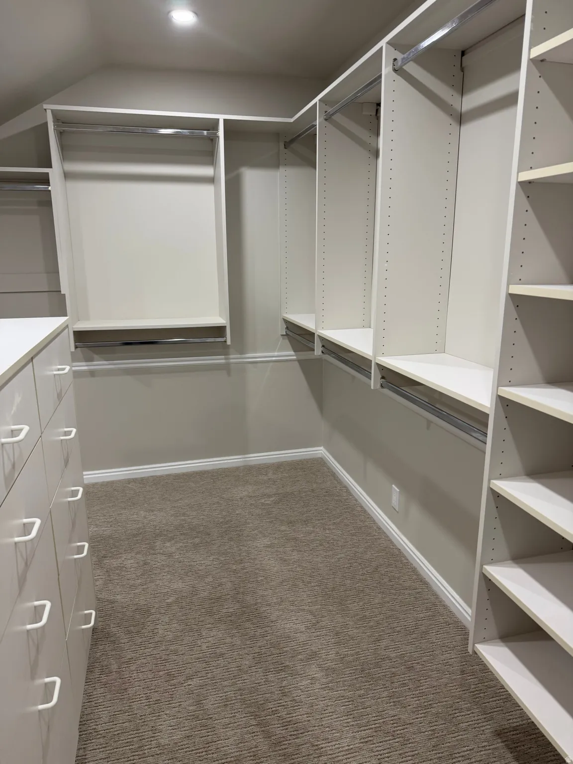 Walk in closet with dark carpet