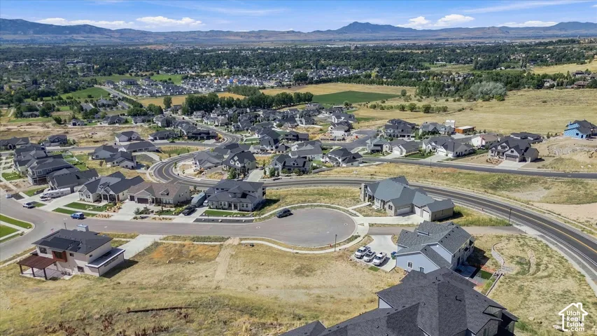 Aerial perspective showcasing a residential community with paved roads, cul-de-sacs, and established homes