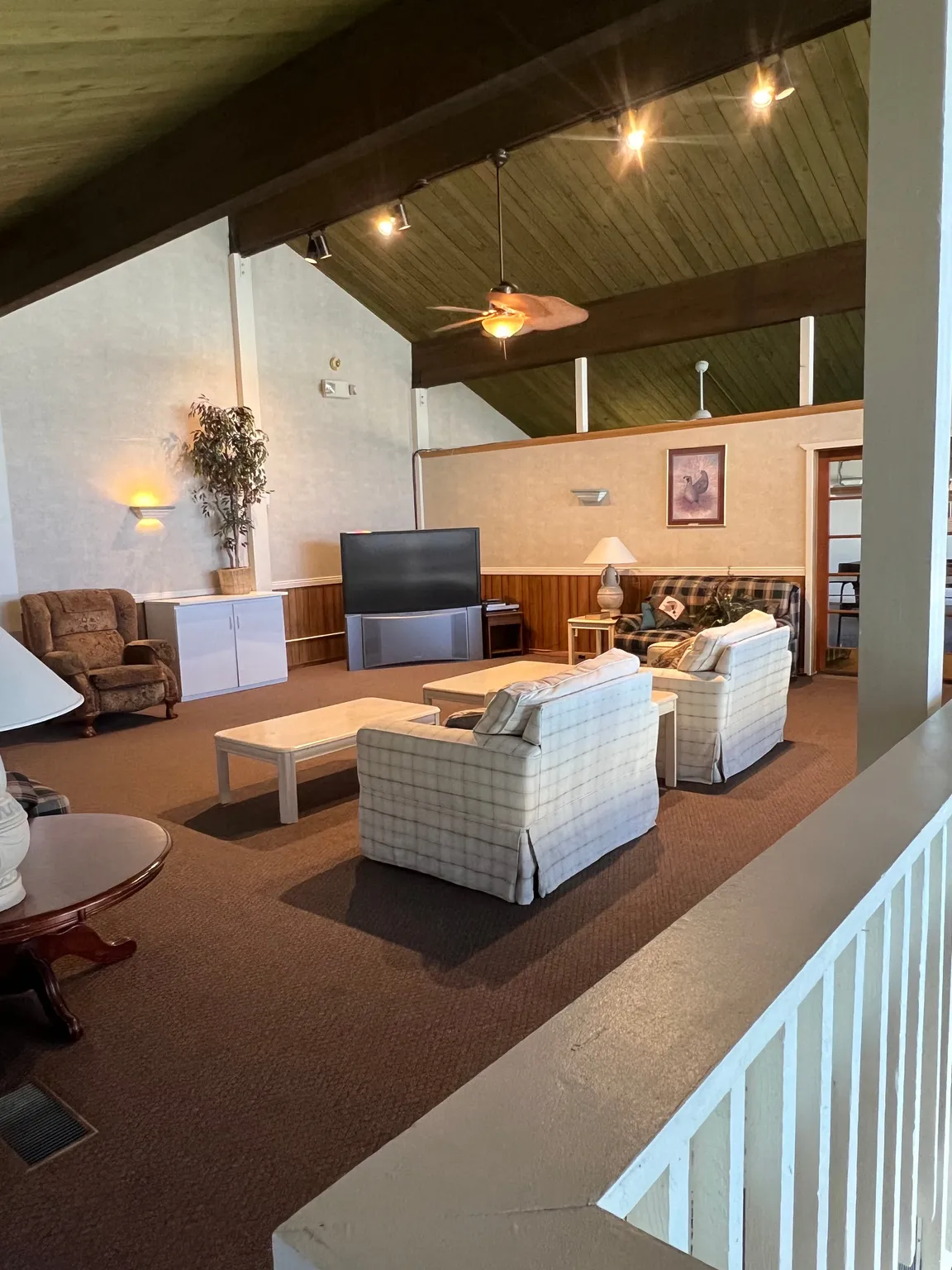 Vaulted wood-plank ceiling with exposed beams and track lighting, brown carpet flooring, and wood wainscoting