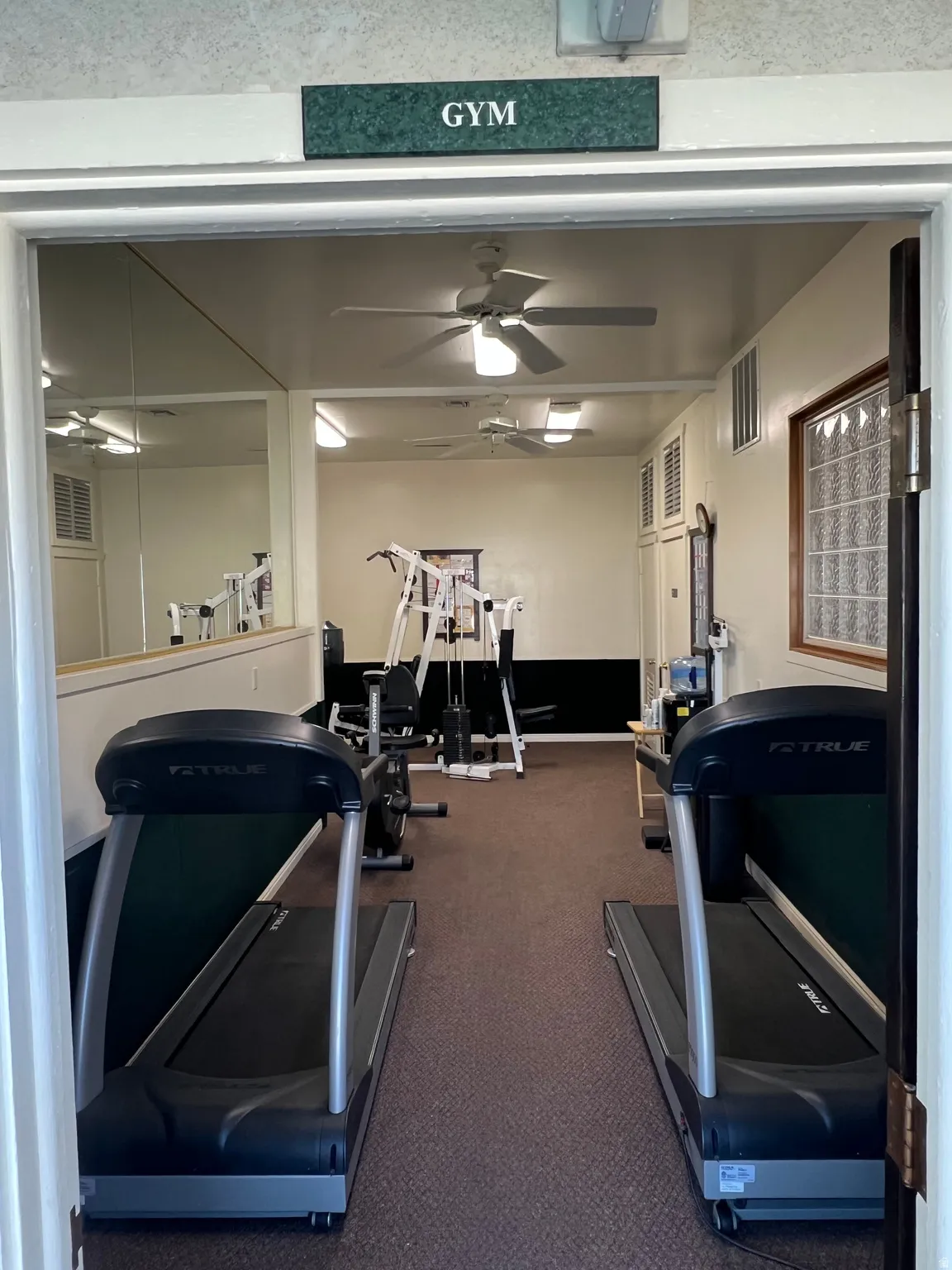 Dedicated fitness area featuring wall-to-wall mirrors, patterned carpet flooring, and dual ceiling fans