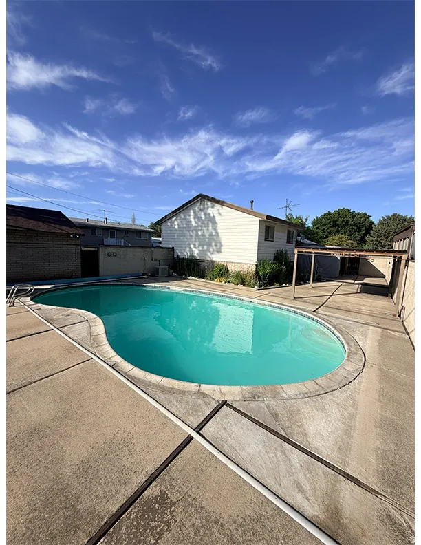 Oval-shaped swimming pool surrounded by a concrete patio