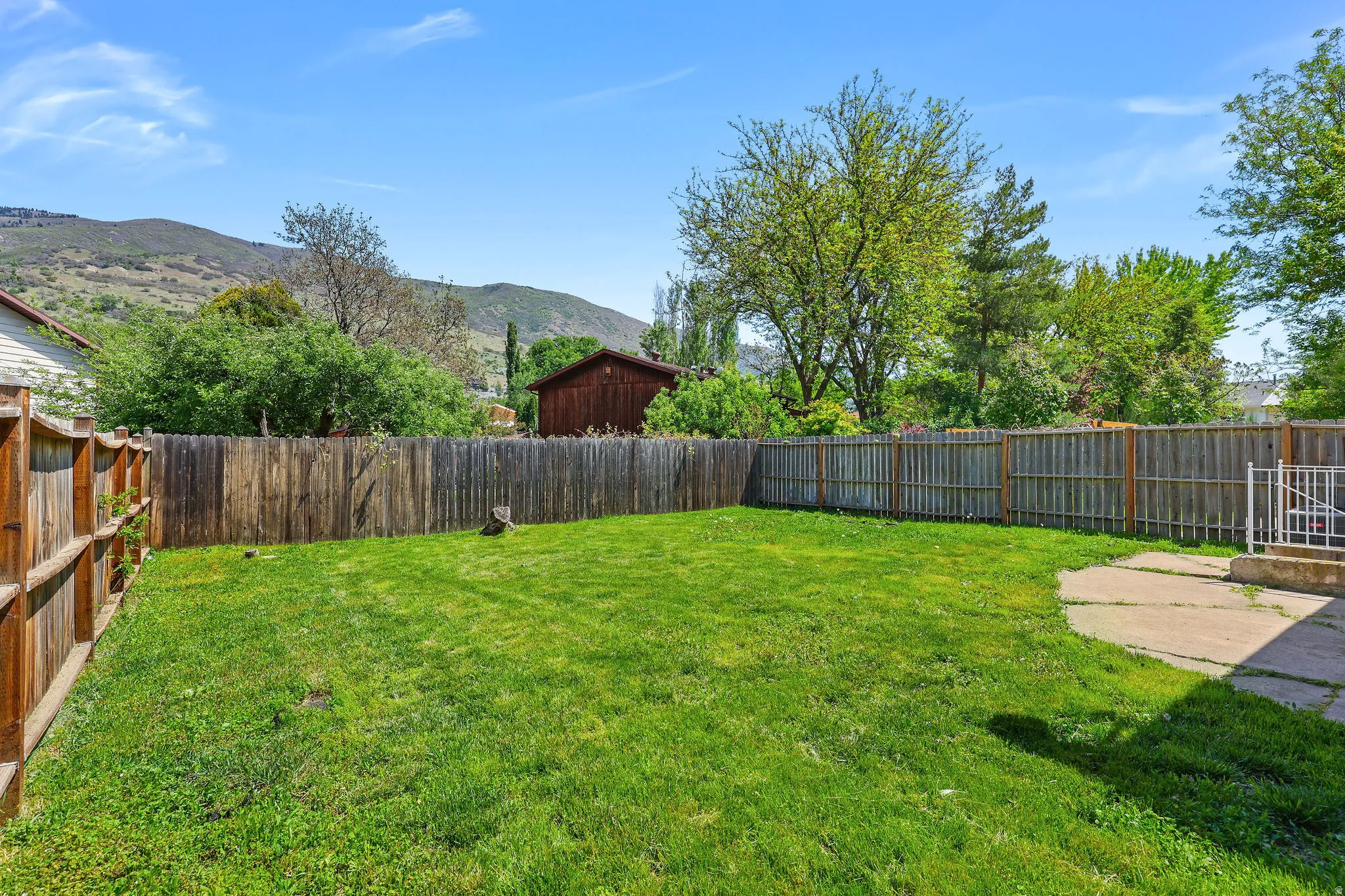 Expansive backyard featuring a lush green lawn, full privacy fencing, and a concrete patio area