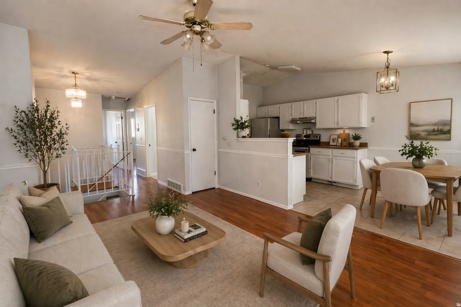 Virtual Staged-  Living room with a chandelier, light wood-style floors, a ceiling fan, and vaulted ceiling