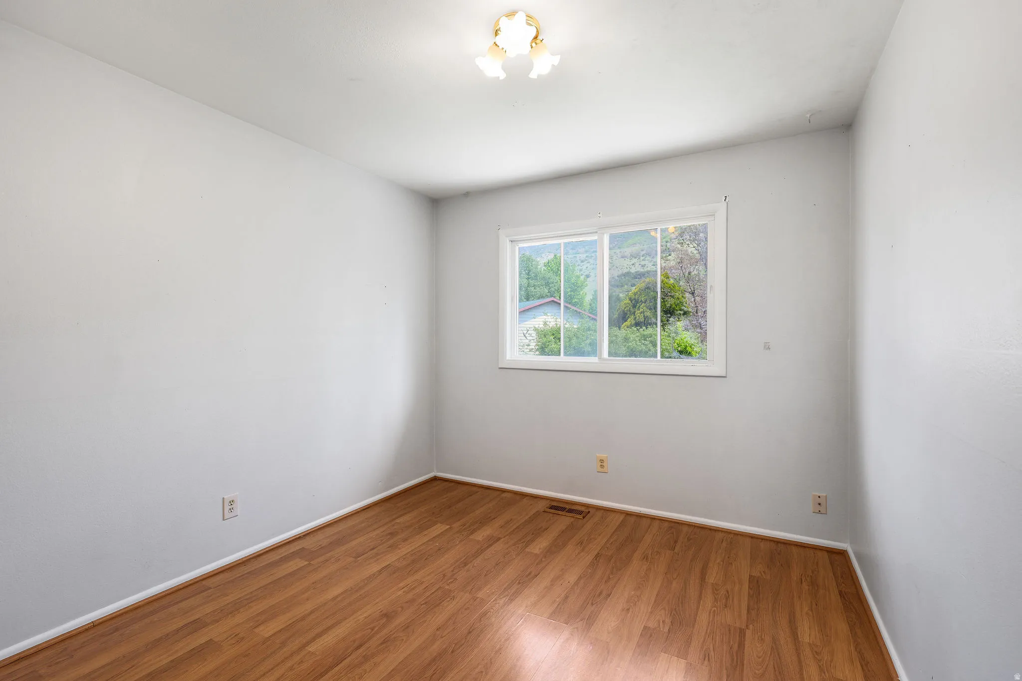 Interior space featuring light gray walls, wood-finish flooring, and white trim