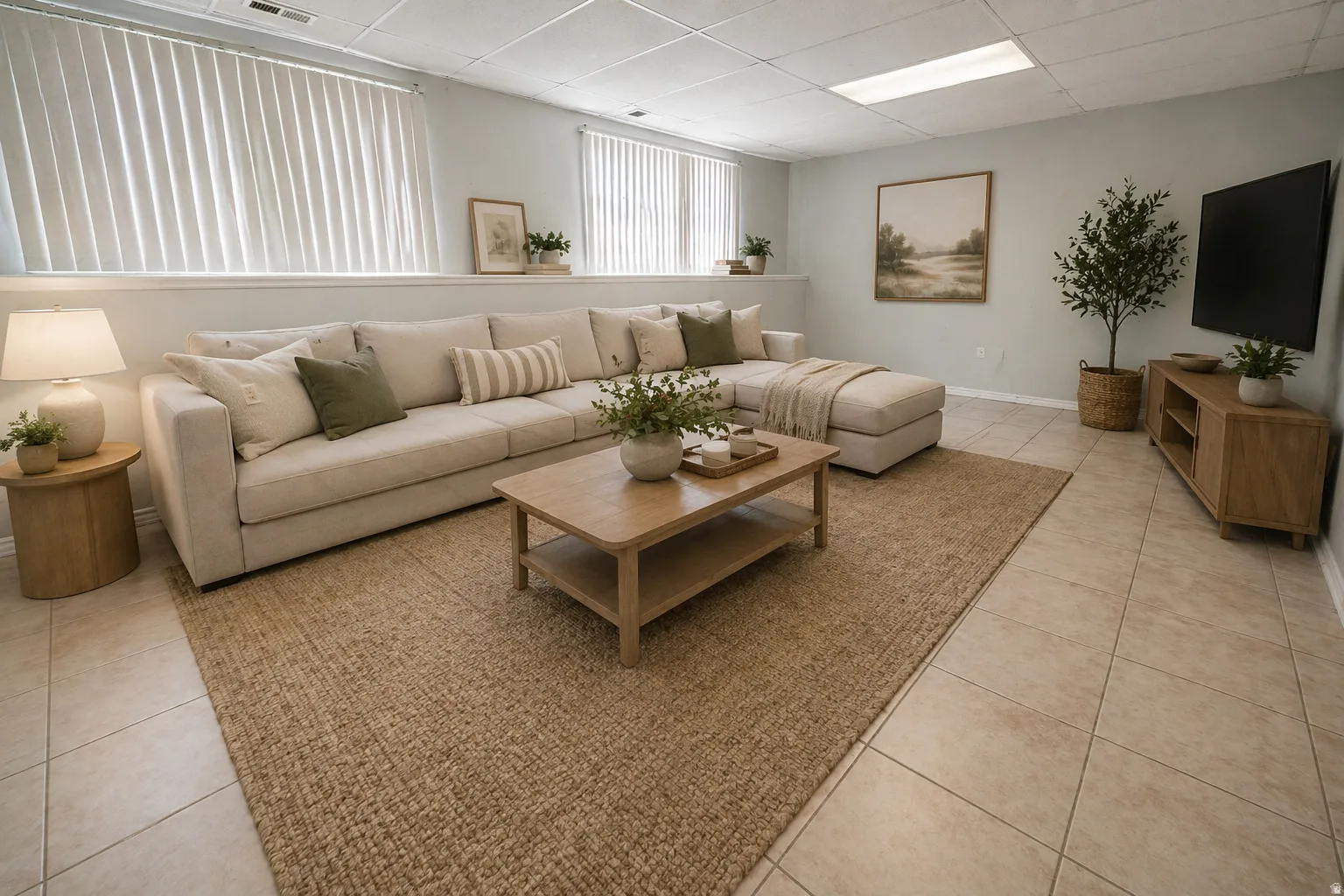 Virtual Staged - Living area featuring a paneled ceiling and light tile patterned floors