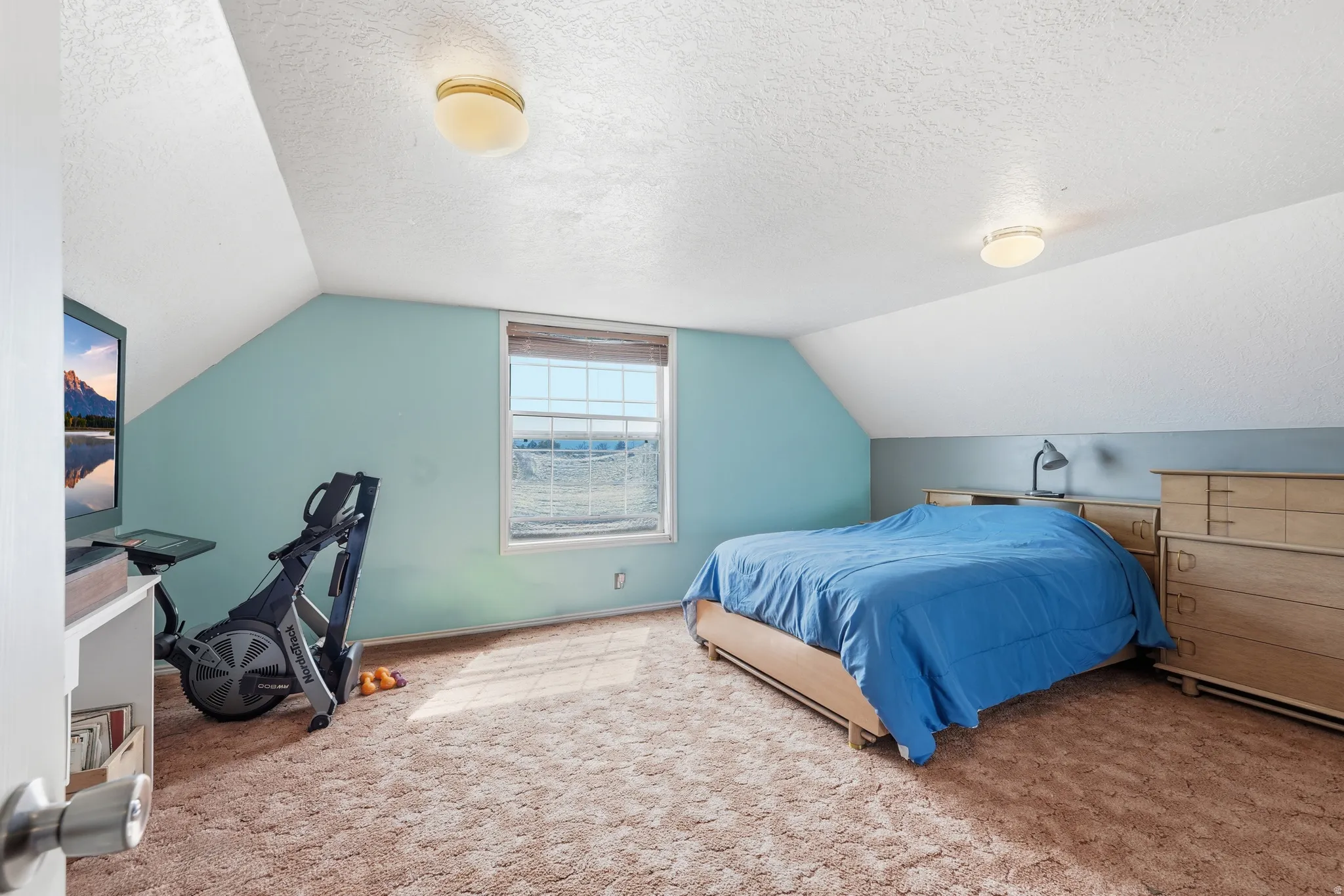 Bedroom with a textured ceiling and carpet