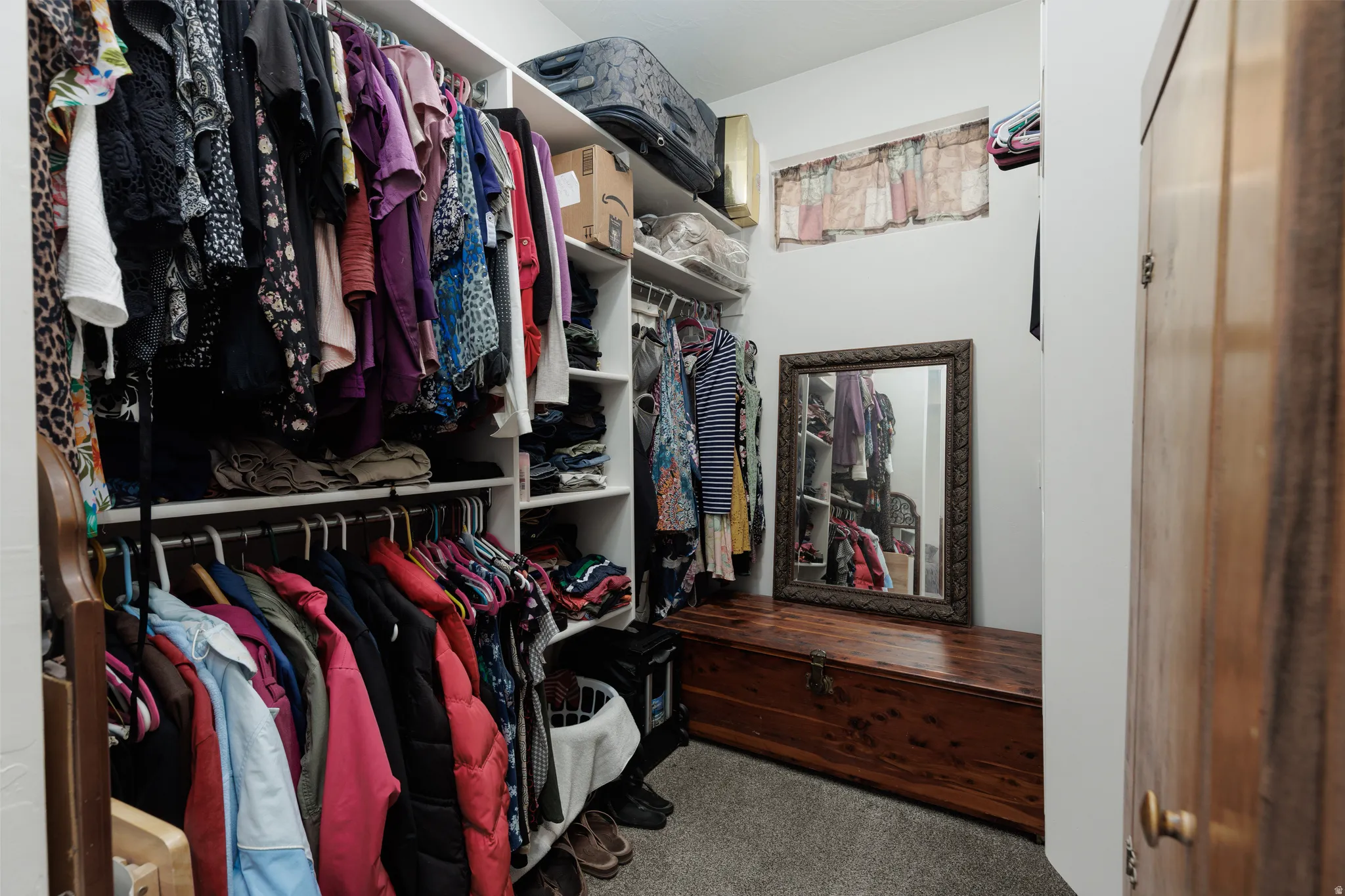 Walk in closet with light carpet