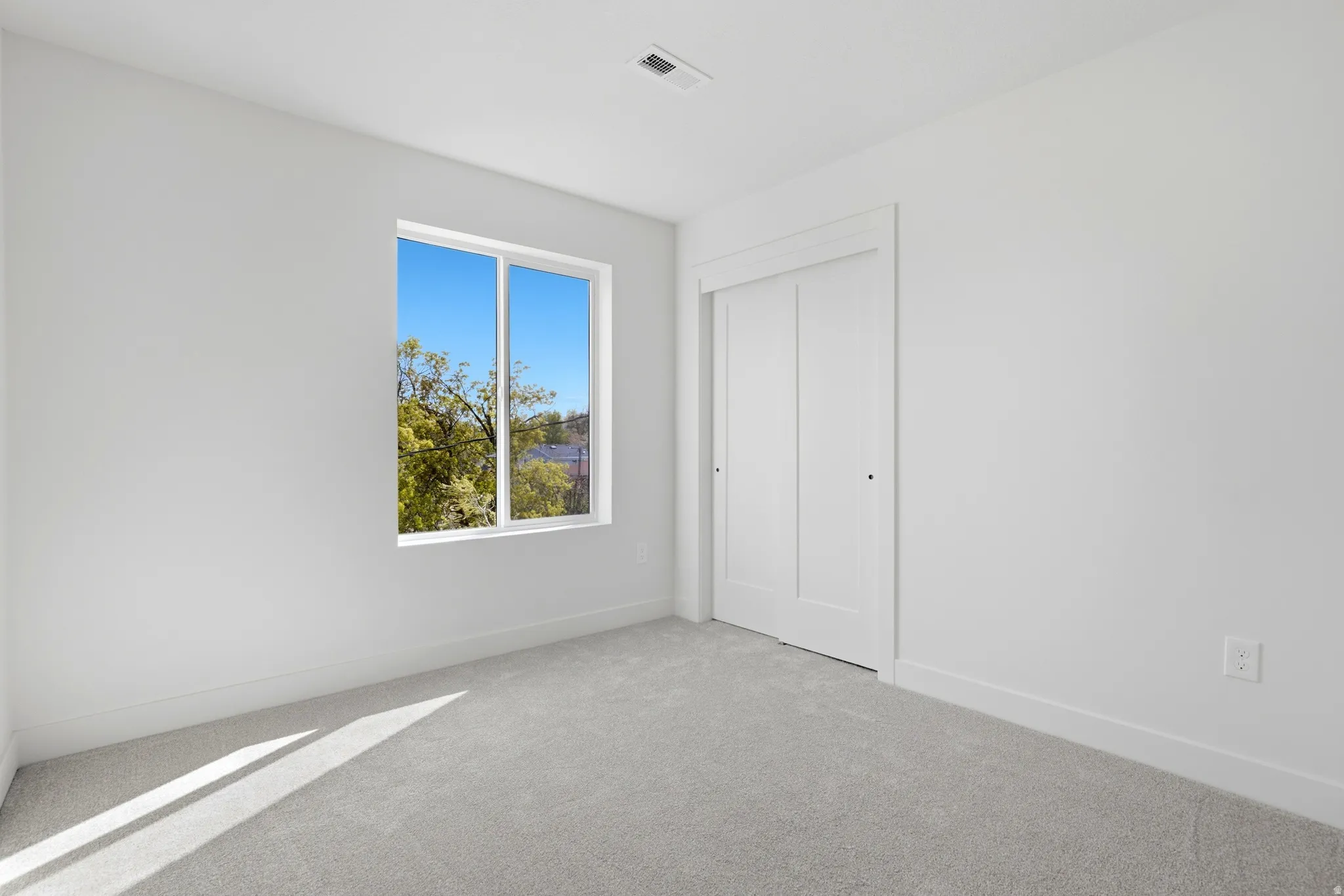 Unfurnished bedroom with carpet floors and a closet