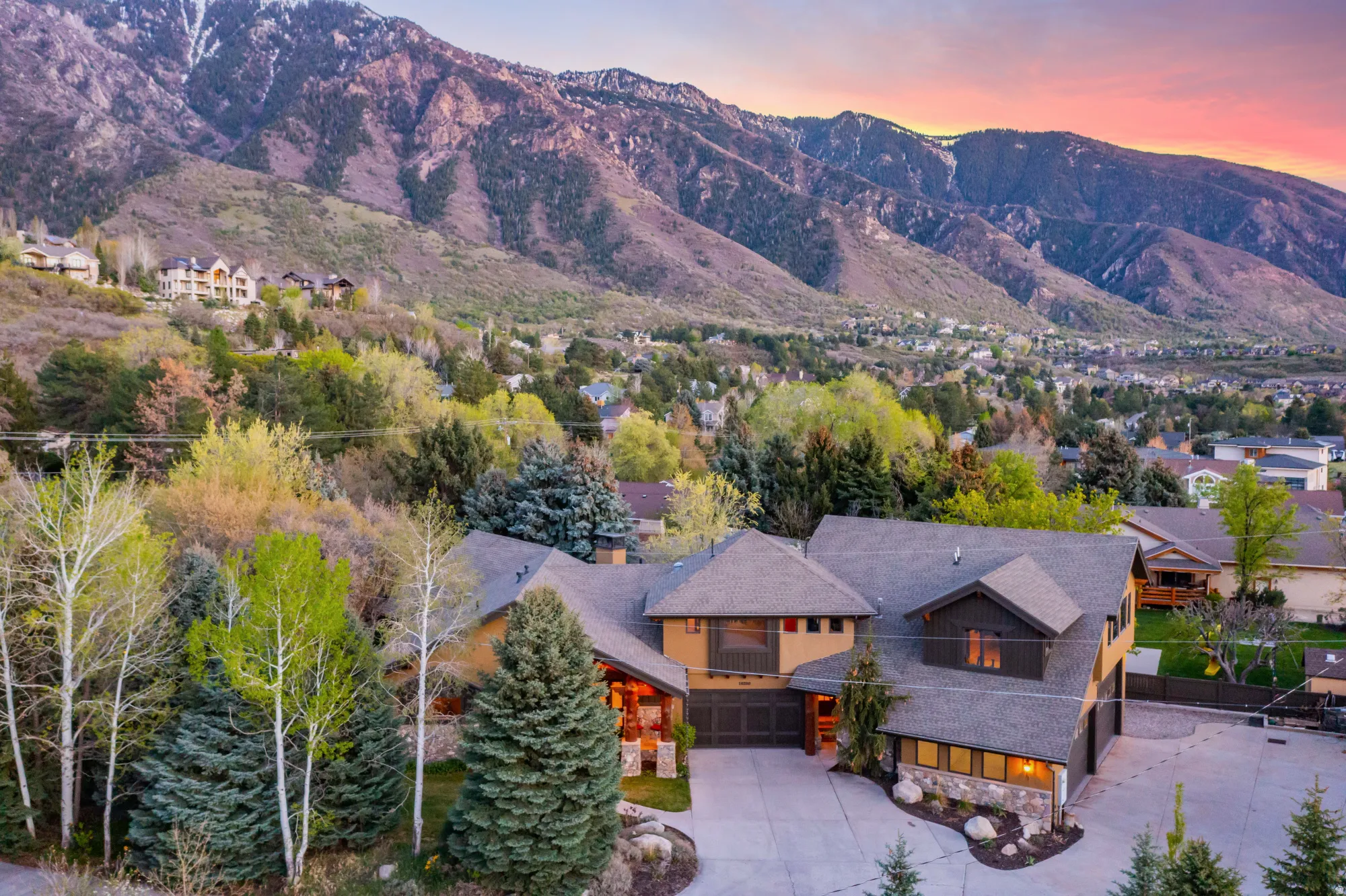 View of mountain backdrop with nearby suburban area