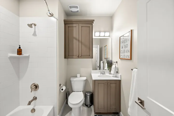 Full bathroom featuring vanity and shower / bathtub combination