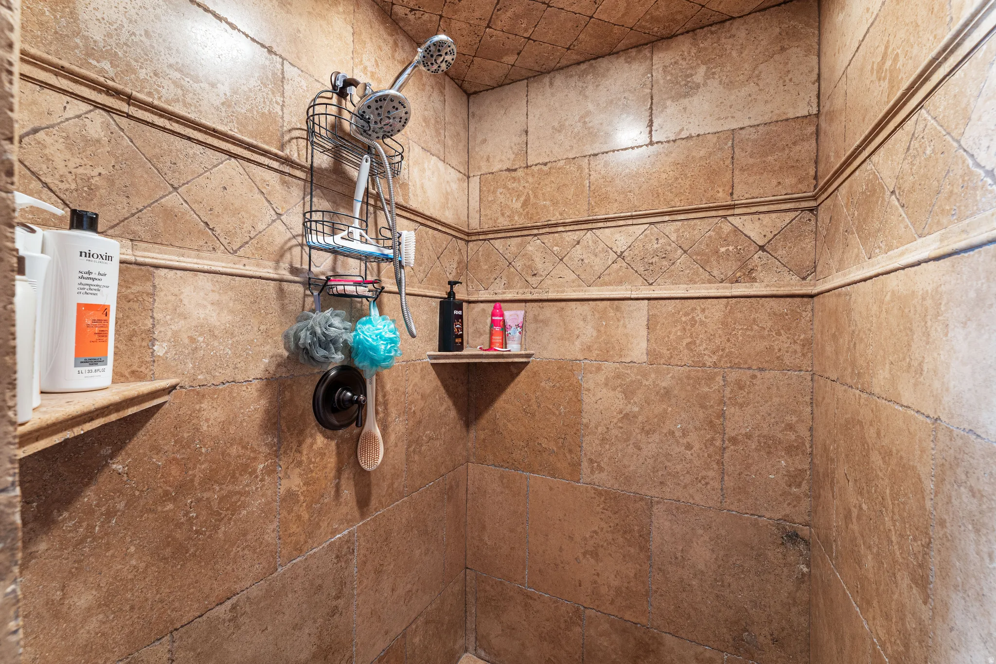 Bathroom view of tiled shower
