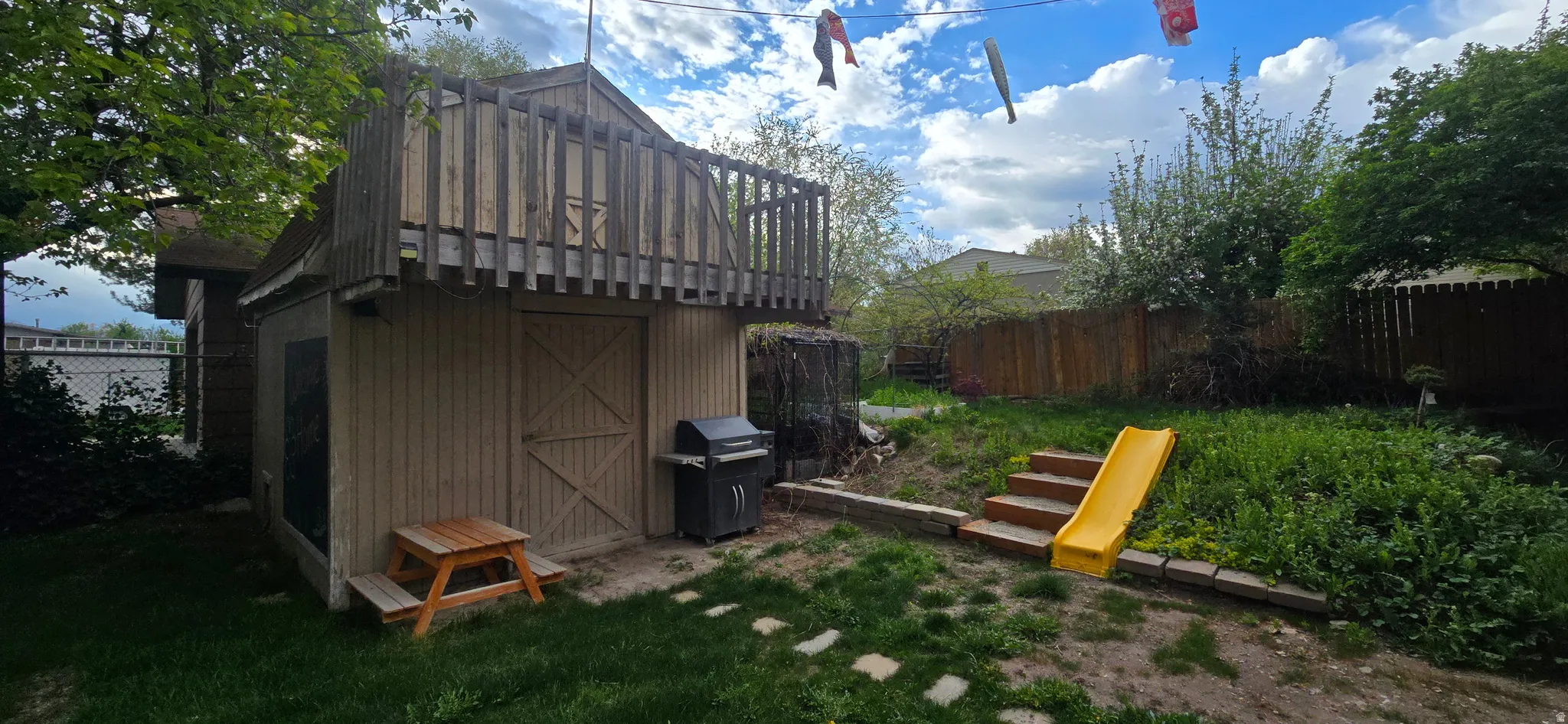 View of shed featuring a fenced backyard