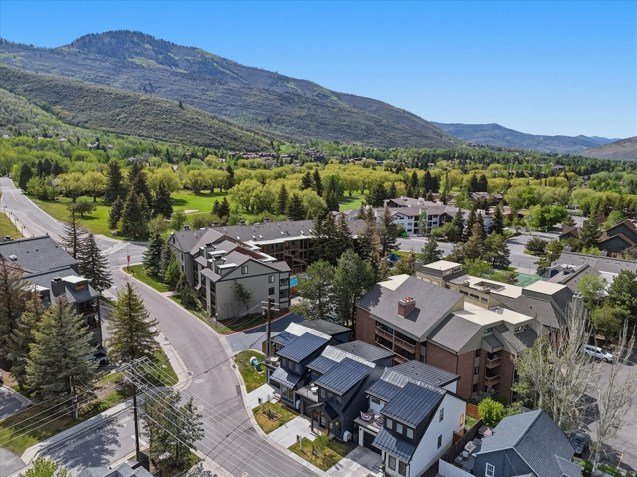Aerial perspective showcasing multiple residential structures, including contemporary townhomes with dark metal roofs and brick-sided multi-story buildings, all set against a backdrop of lush green parkland and distant mountains
