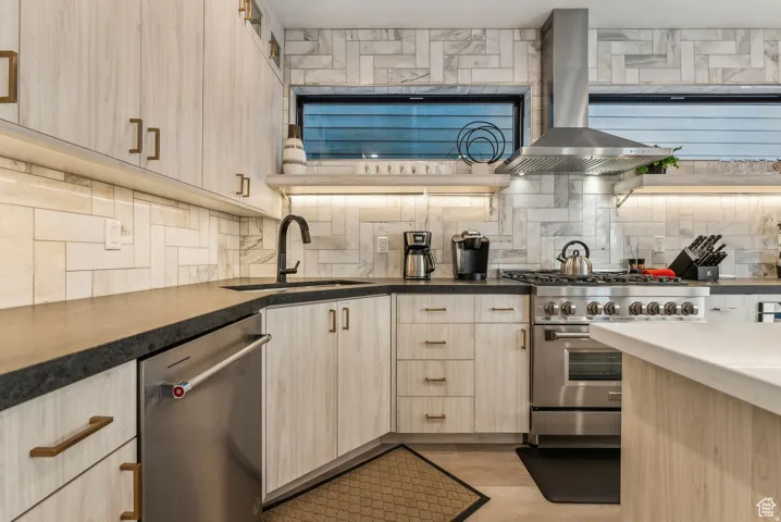 Kitchen featuring light wood finish cabinetry, exhaust hood, stainless steel appliances, and open shelves