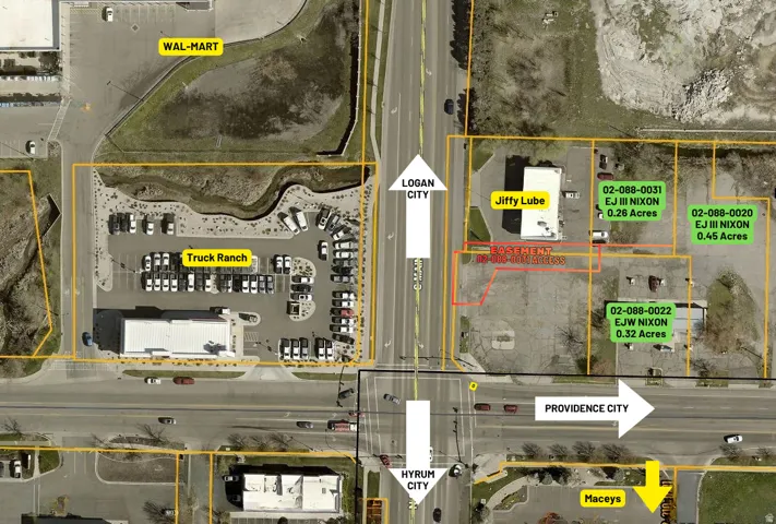 Aerial overview of property's location featuring property boundaries highlighted