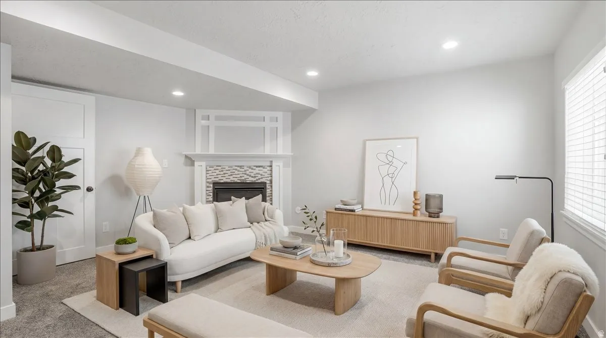 Living room featuring recessed lighting, a fireplace, and carpet