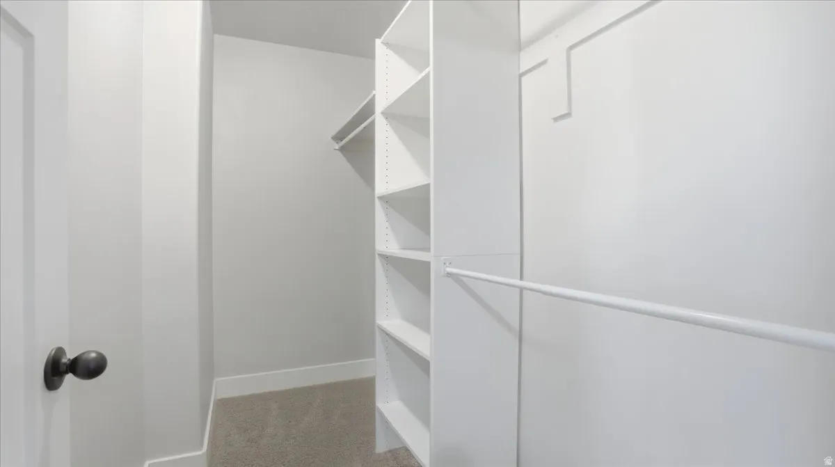 Primary walk in closet with carpet floors