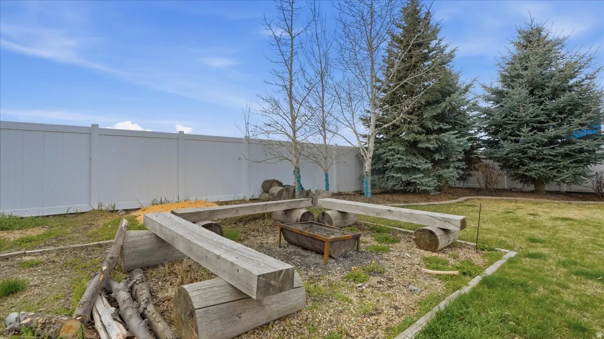 Fenced backyard featuring a vegetable garden