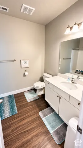 Bathroom featuring wood-finish flooring, a single vanity with white cabinetry, a white countertop, and a built-in mirror with overhead lighting