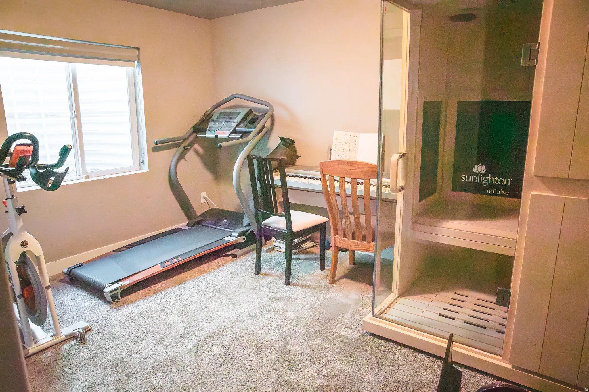Exercise room with a relaxing sauna and light carpet