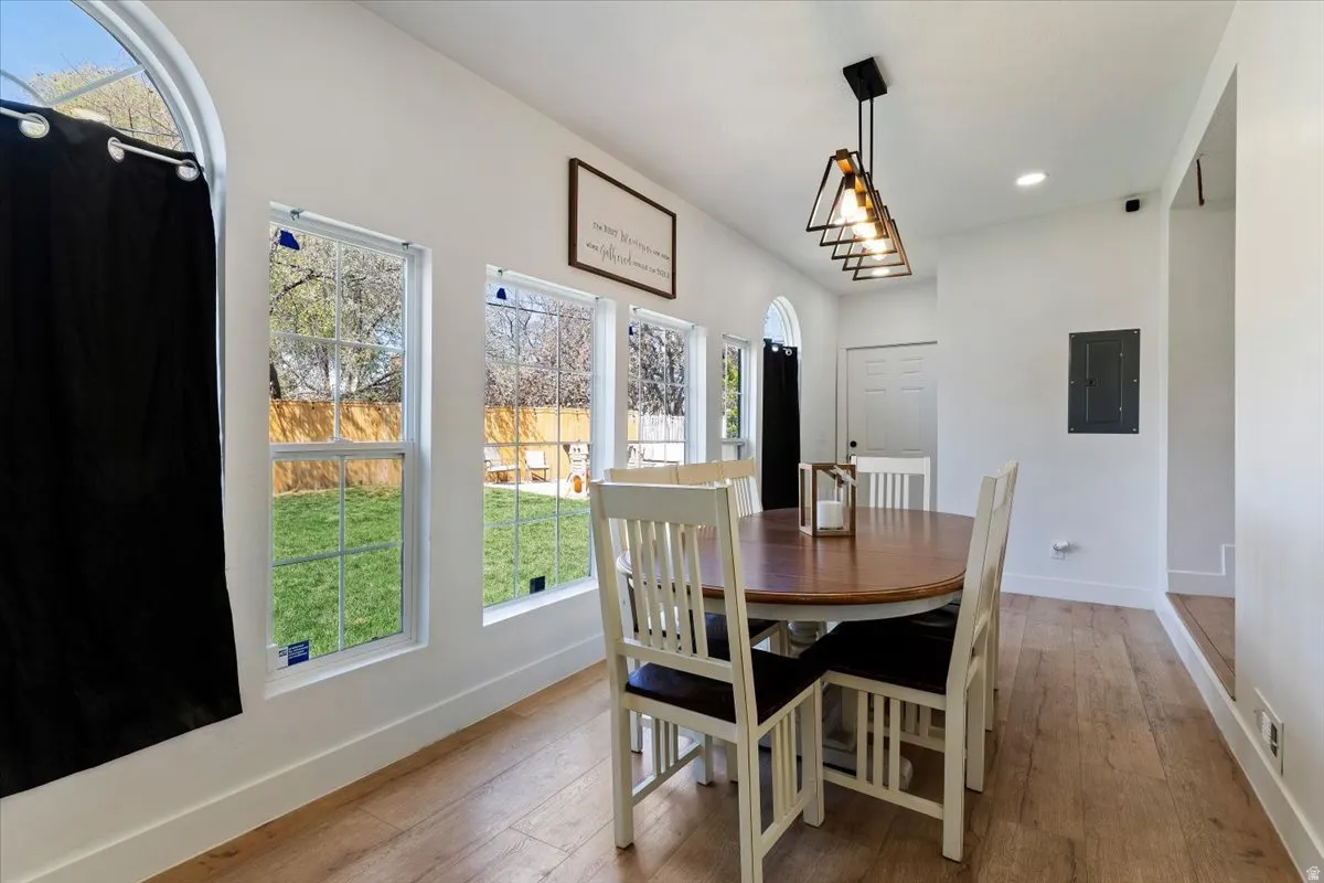 Dining area featuring hardwood / wood-style floors, electric panel, and recessed lighting