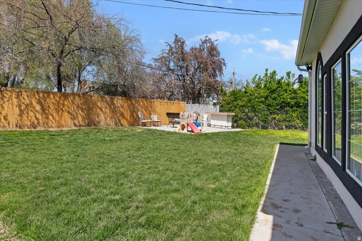 Fenced backyard featuring a patio