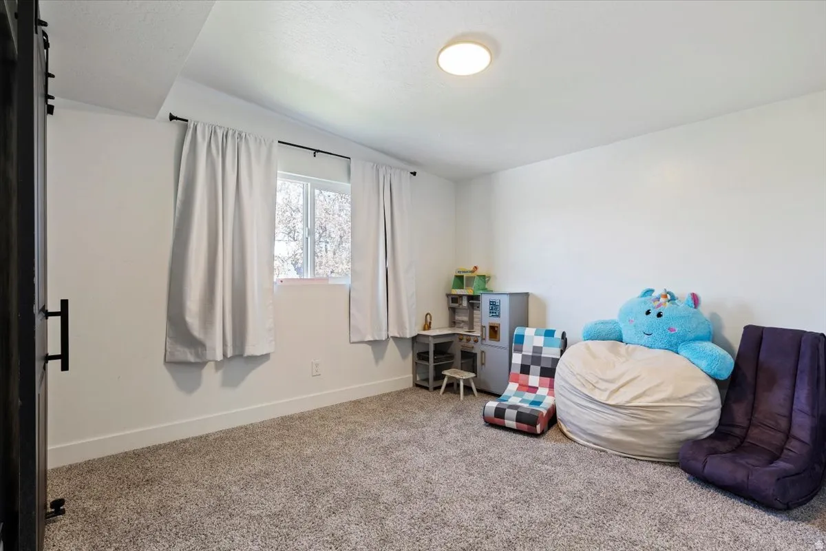 Recreation room with carpet floors and baseboards