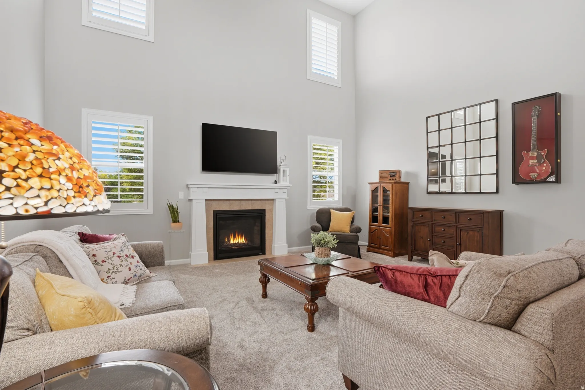 Fireplace and windows high and low