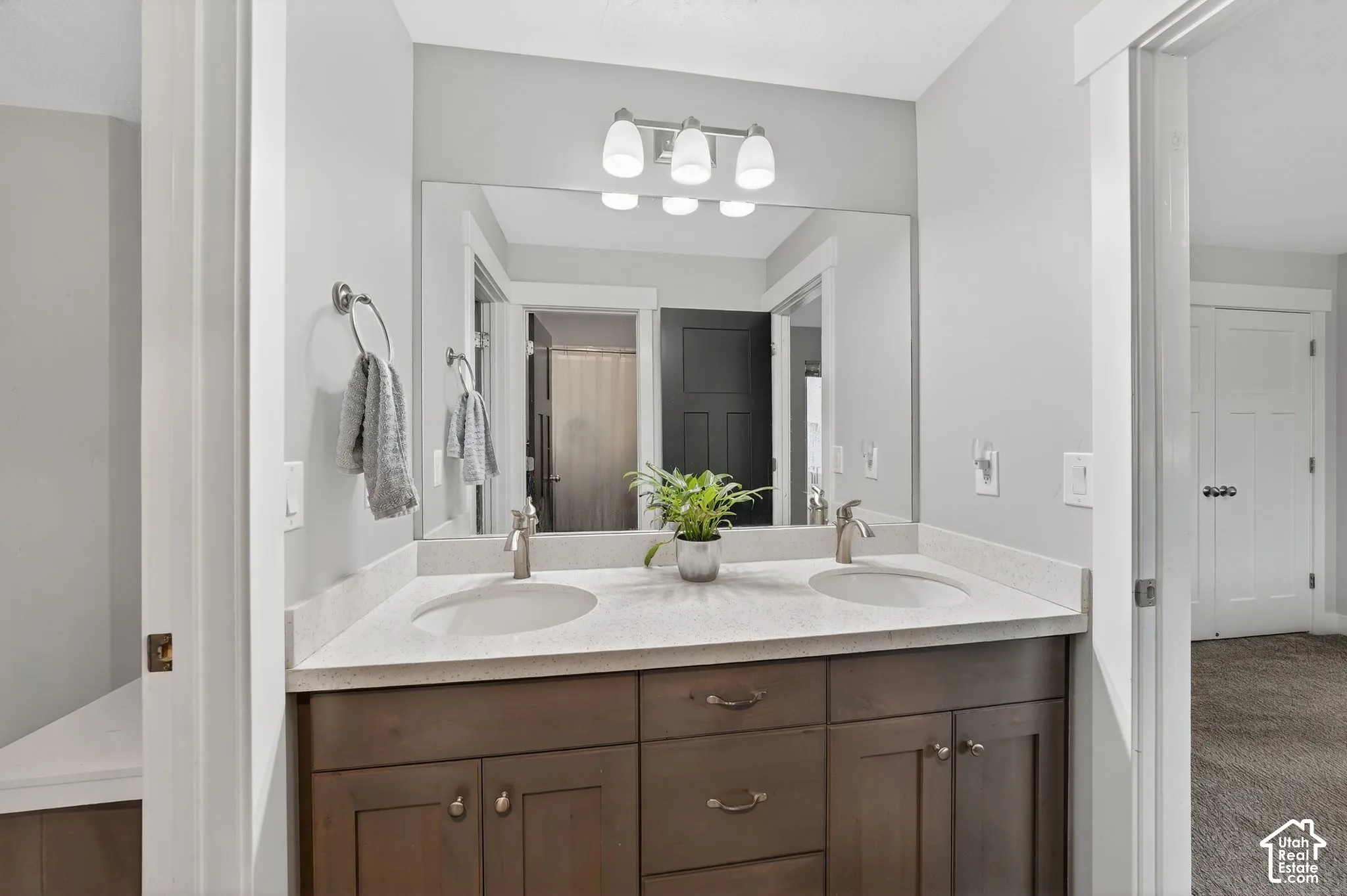 Bathroom with double vanity, a shower with shower curtain, and carpet flooring