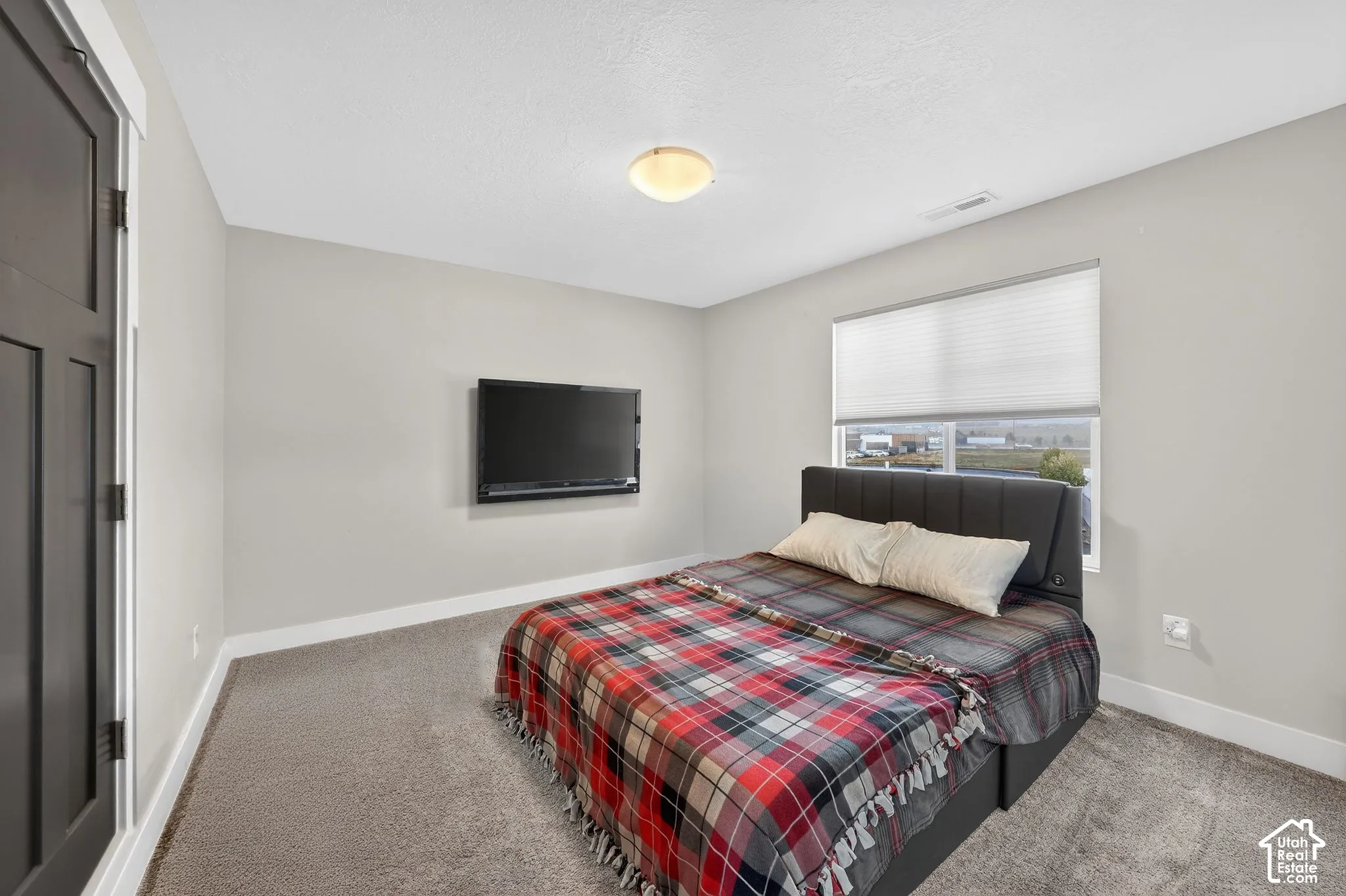 Bedroom with light carpet