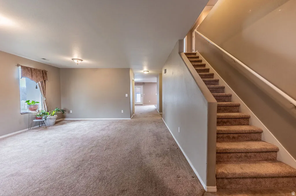 Staircase featuring carpet and baseboards
