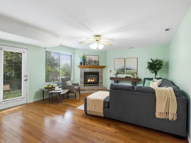 Hardwood-finish flooring extending through the living area