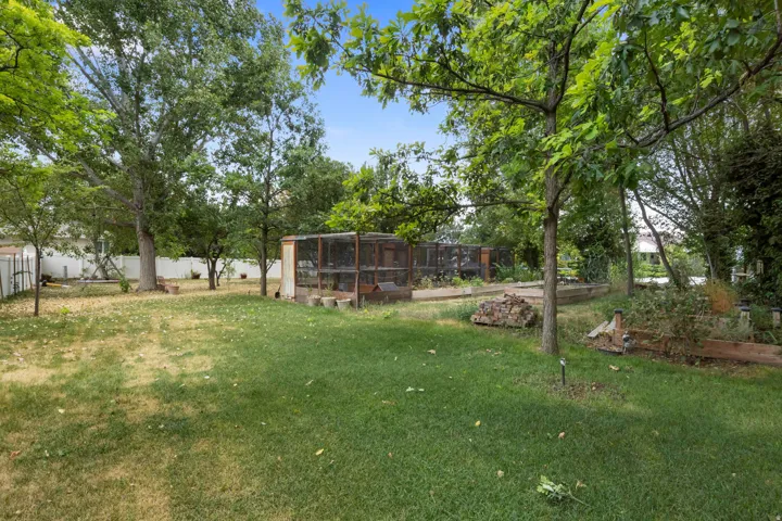 Expansive backyard featuring a lush lawn, mature trees, a white privacy fence, raised garden beds, and an enclosed structure