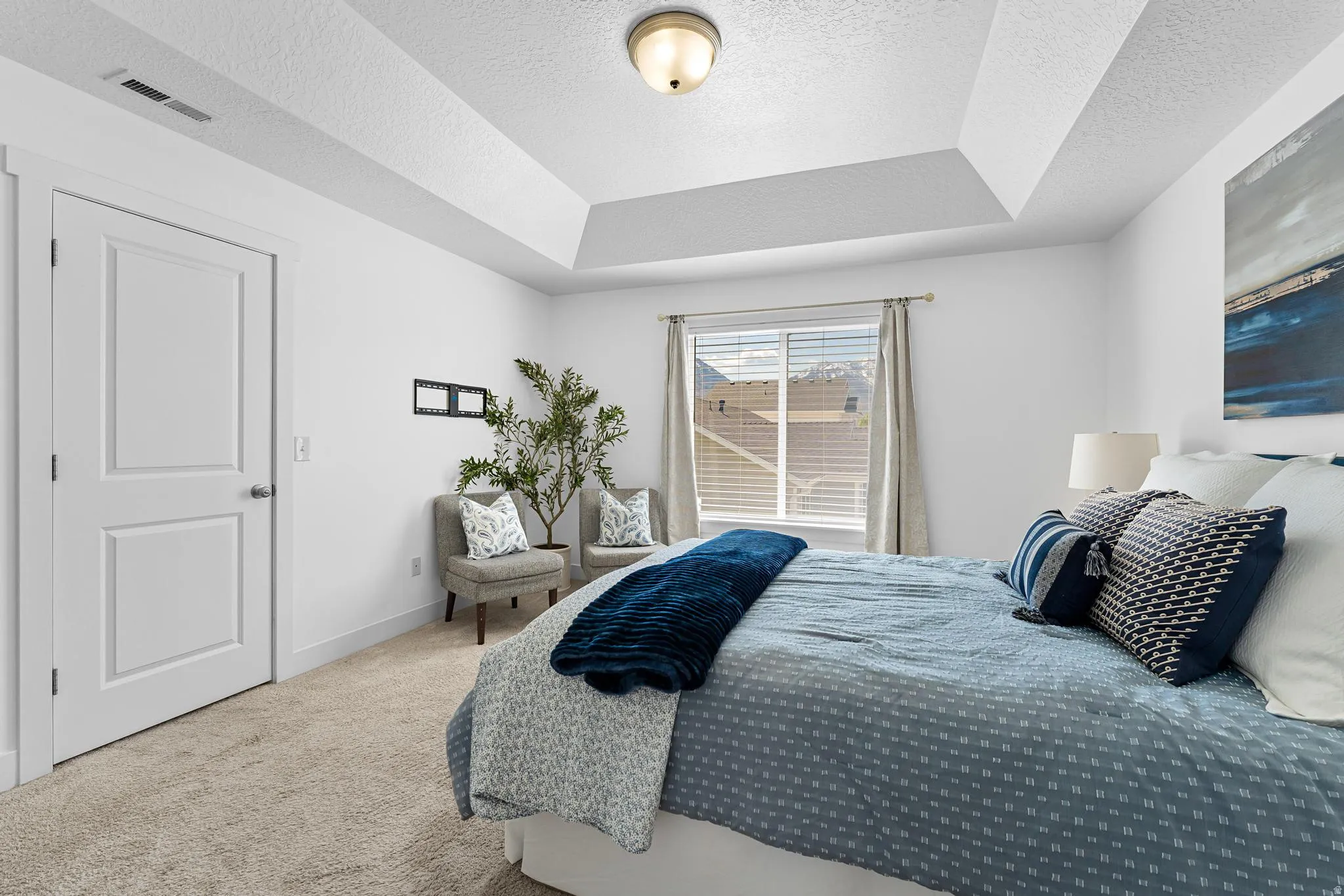 Primary bedroom with a textured ceiling, carpet floors, and a raised ceiling