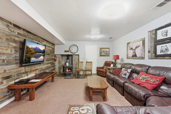 Living area featuring wood walls, a wood stove, light colored carpet, and an accent wall