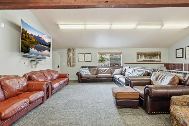 Carpeted living area with vaulted ceiling