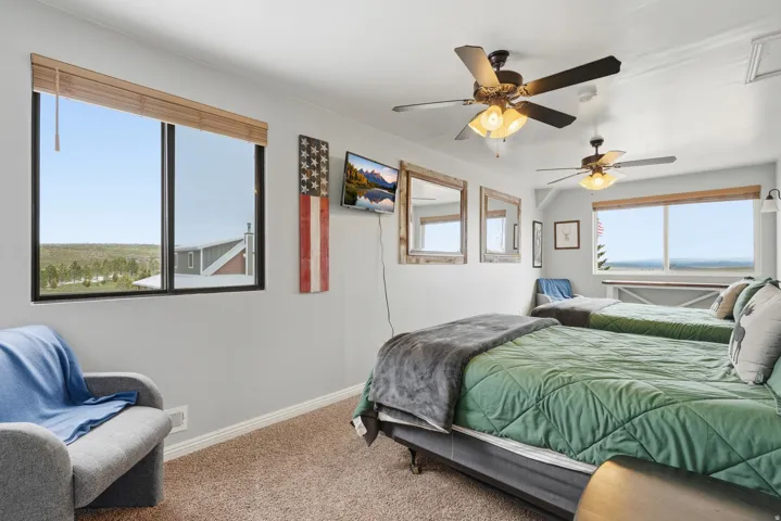 Bedroom with carpet and a ceiling fan