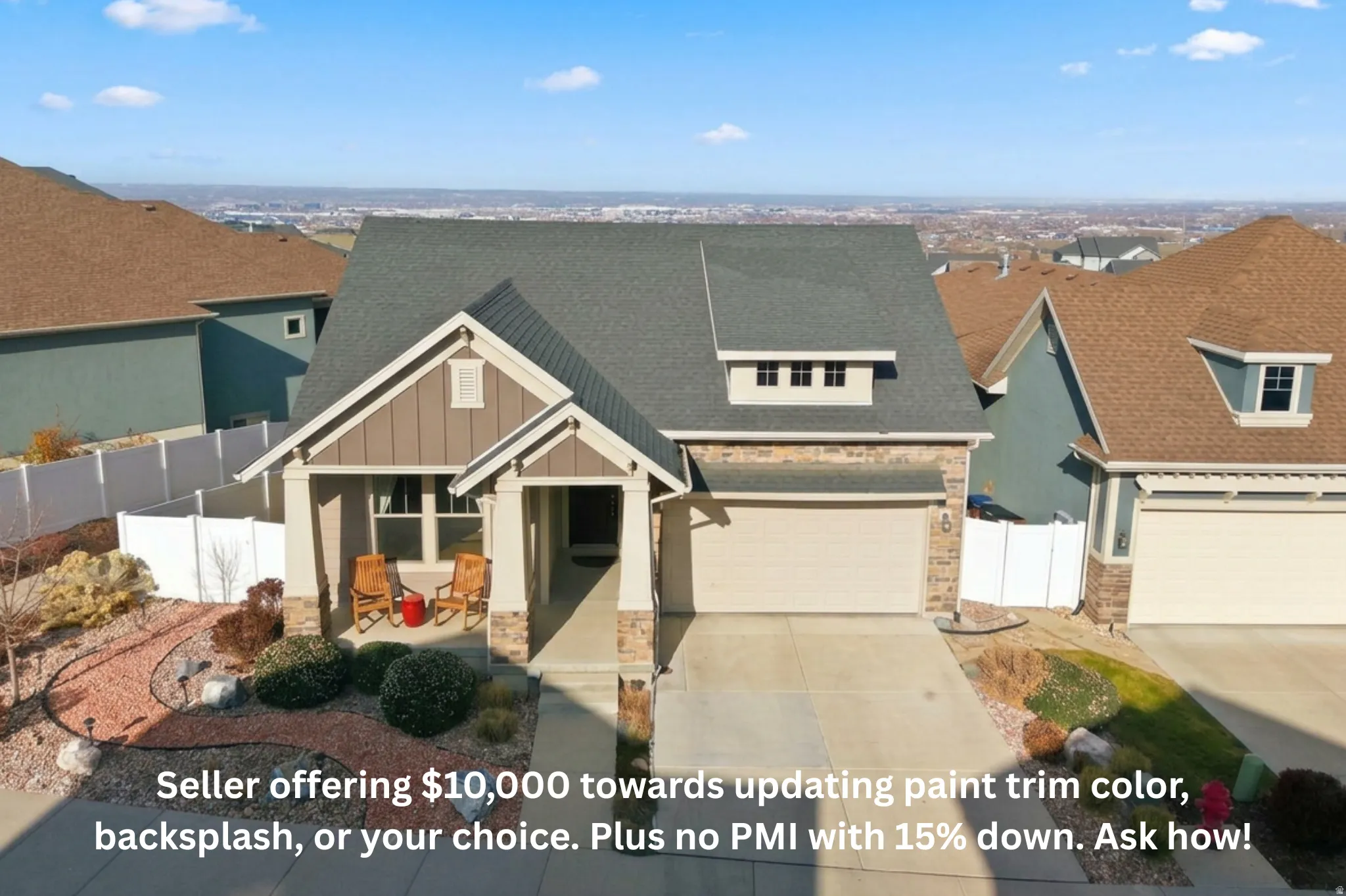 Deceptively large modern Craftsman home featuring 3-car garage, 2-deep on one end, and Xeriscaped yard.