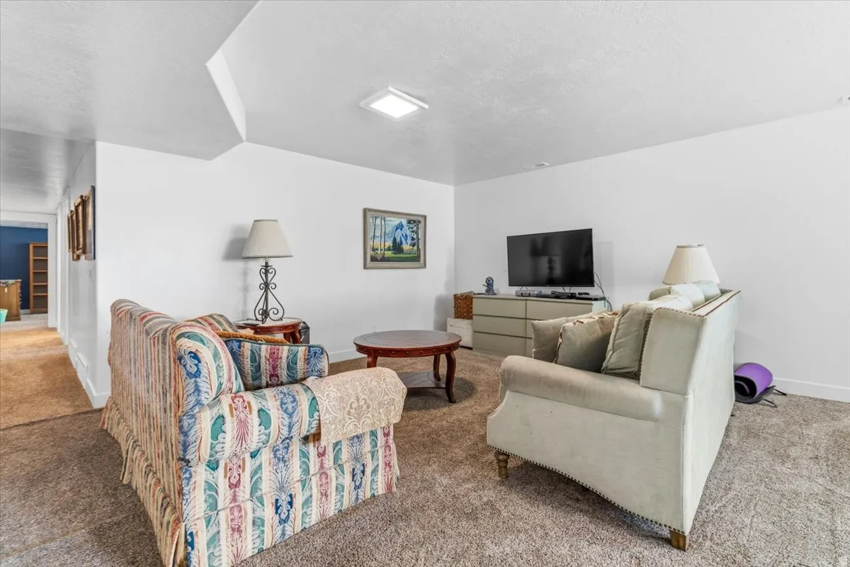 Carpeted living room with baseboards and a textured ceiling