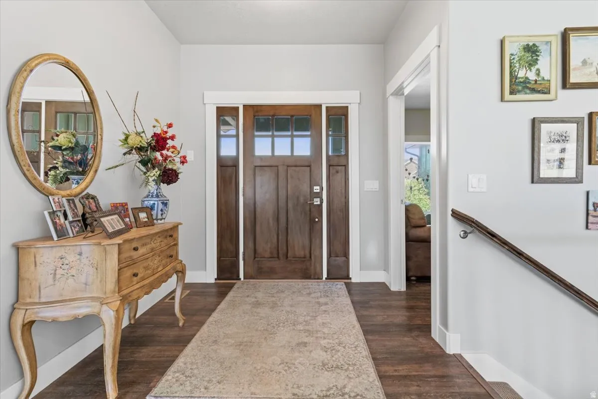 Foyer entrance with dark wood-style flooring and healthy amount of natural light