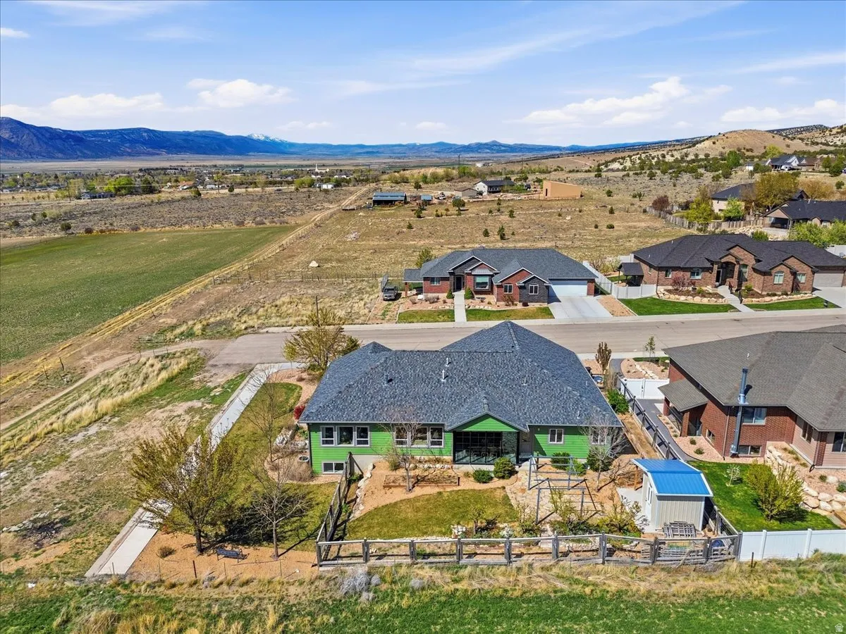 Aerial perspective of suburban area with mountains