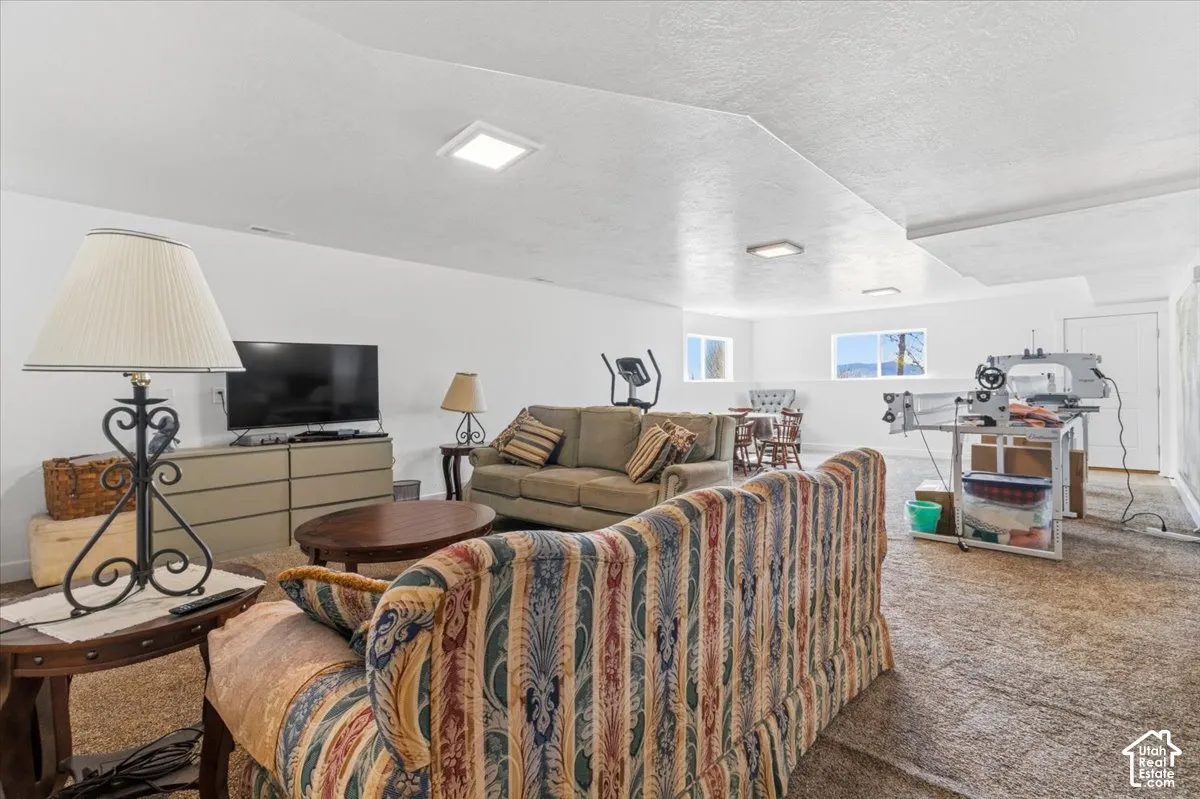 Living room with a textured ceiling and light colored carpet
