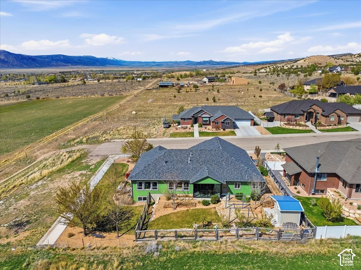 Aerial perspective of suburban area with mountains