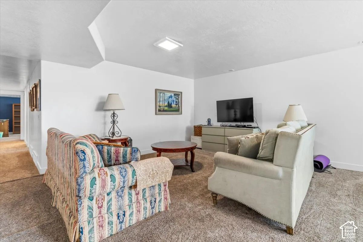 Carpeted living room with baseboards