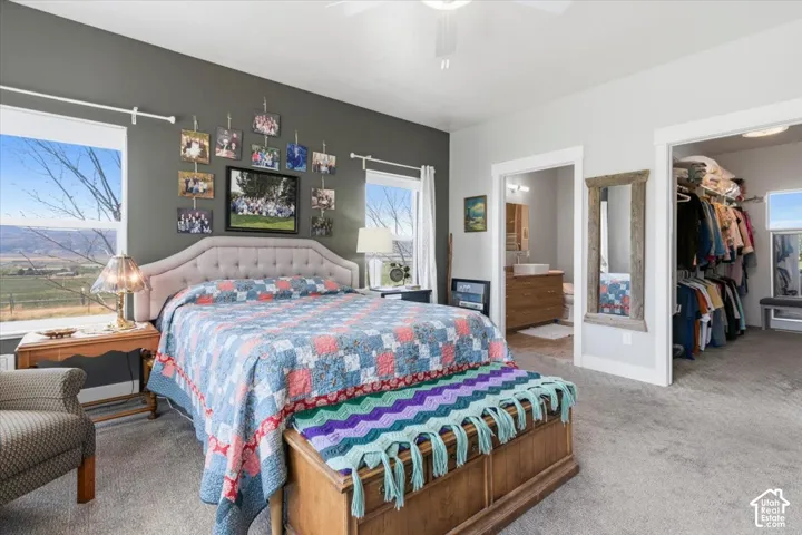 Bedroom with a spacious closet, light carpet, a ceiling fan, and ensuite bath