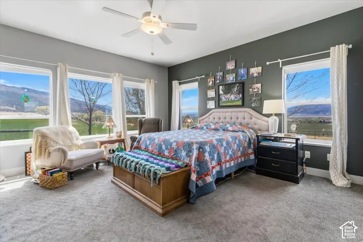 Carpeted bedroom with a mountain view and ceiling fan