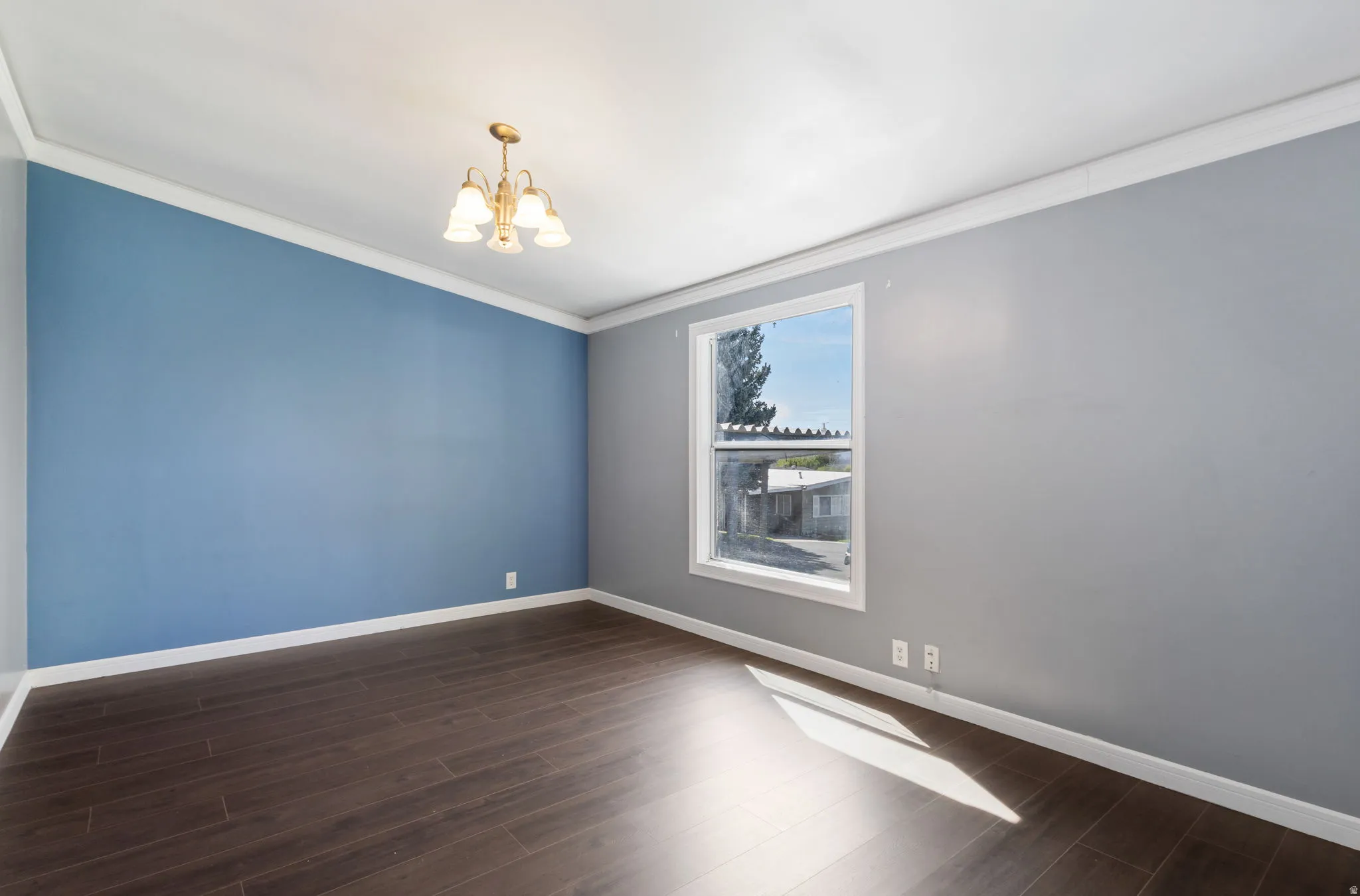 Empty room featuring ornamental molding, suspended lighting, and dark wood-style flooring