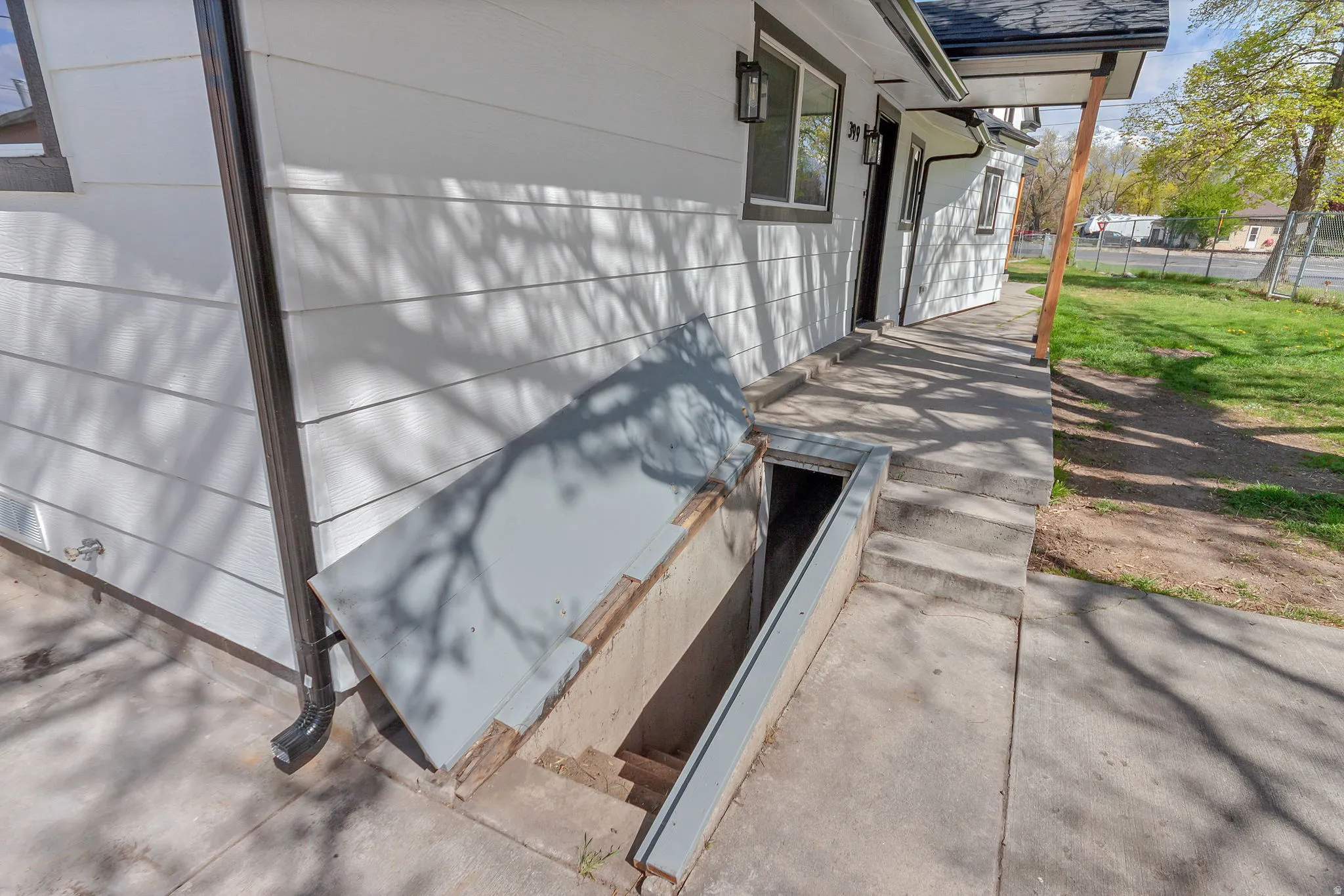 Exterior view of a downspout and gutters